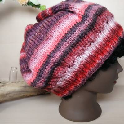 Mütze aus Ferner Wolle Vienna – Rote, gestreifte Schurwollmütze für Damen