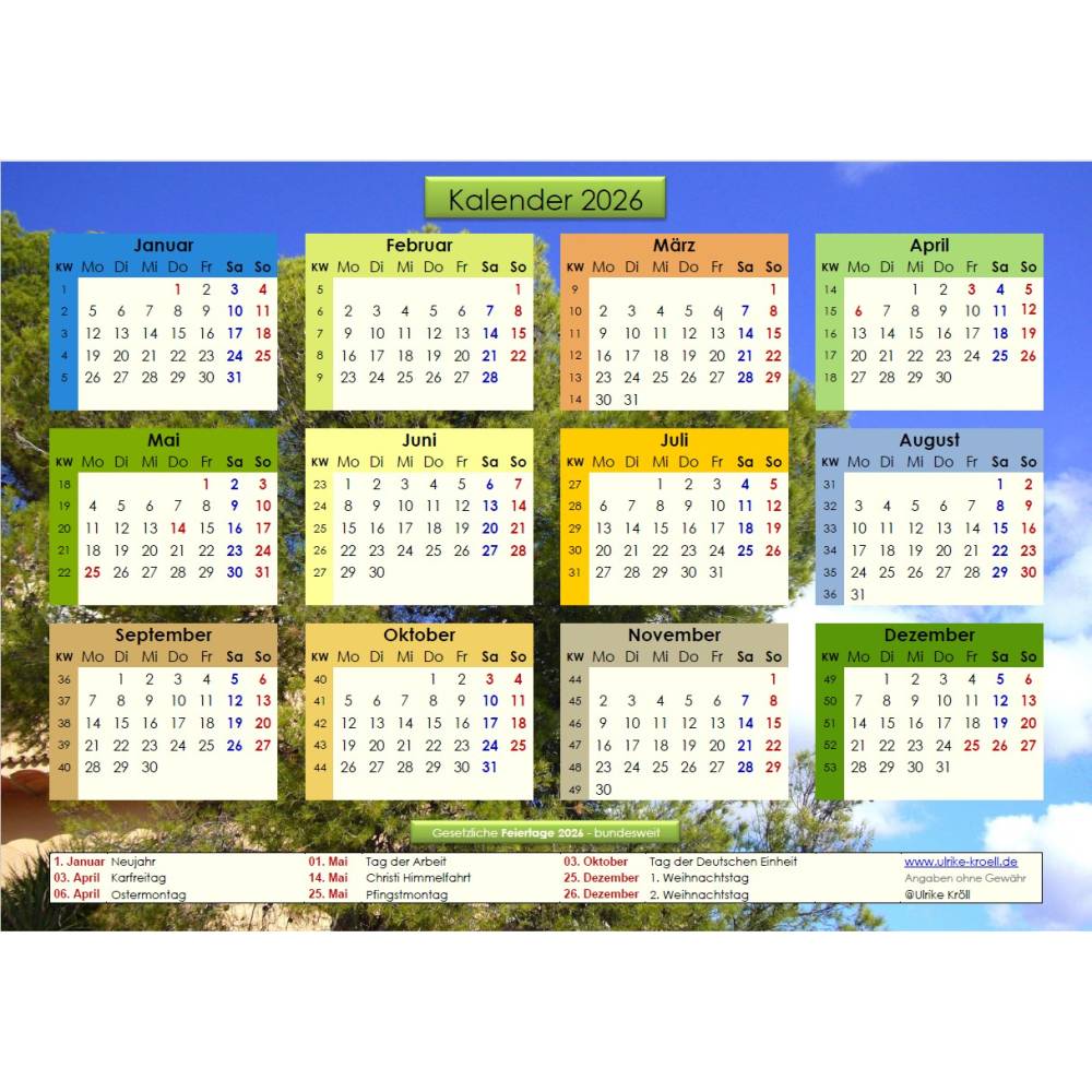 Jahreskalender 2026 auf einen Blick – Pinienwälder -  PDF – DIN A4 zum Ausdrucken Bild 1