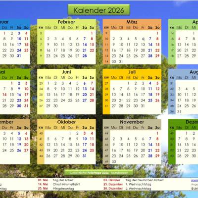 Jahreskalender 2026 auf einen Blick – Pinienwälder -  PDF – DIN A4 zum Ausdrucken