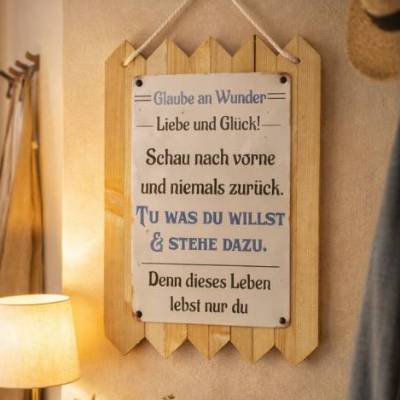 Blechschild - Spruchschild auf Altholz - Glaube an Wunder, Liebe & Glück. Wanddekoration - Geschenke für Freunde