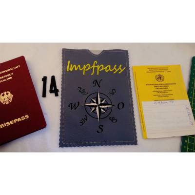 Kompass Urlaub Individuelle Impfpasshülle aus besticktem Kunstleder – Handmade  12 x 1