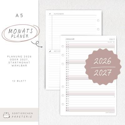 Kalender Einlagen 2026 / 2027 A5 Monatsansicht | mit Aufgaben & Notizen