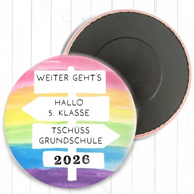 Magnet „Tschüss Grundschule 2026“ | Regenbogen Design | 38mm & 59mm | Geschenk Schulwechsel 