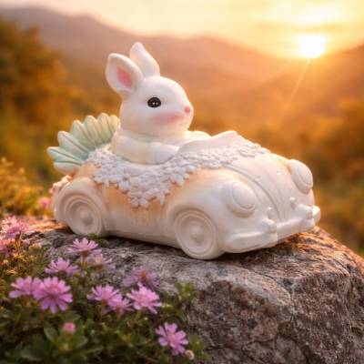 Osterdekoration - Osterhase im Auto - Handbemalt -