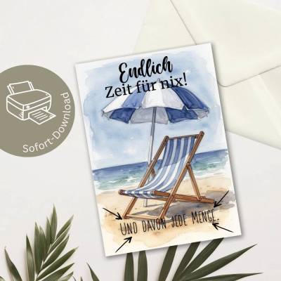 Digitaler Download: Aquarell-Glückwunschkarte "Endlich Zeit für nix!" – Der entspannte Ruhestandsgruß