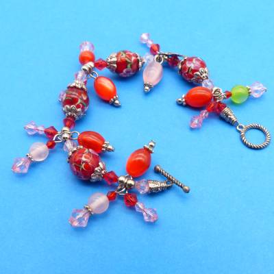 Armband, rot rosa silber, 18 cm, Glasperlen, Acrylperlen, Anhänger, Armschmuck