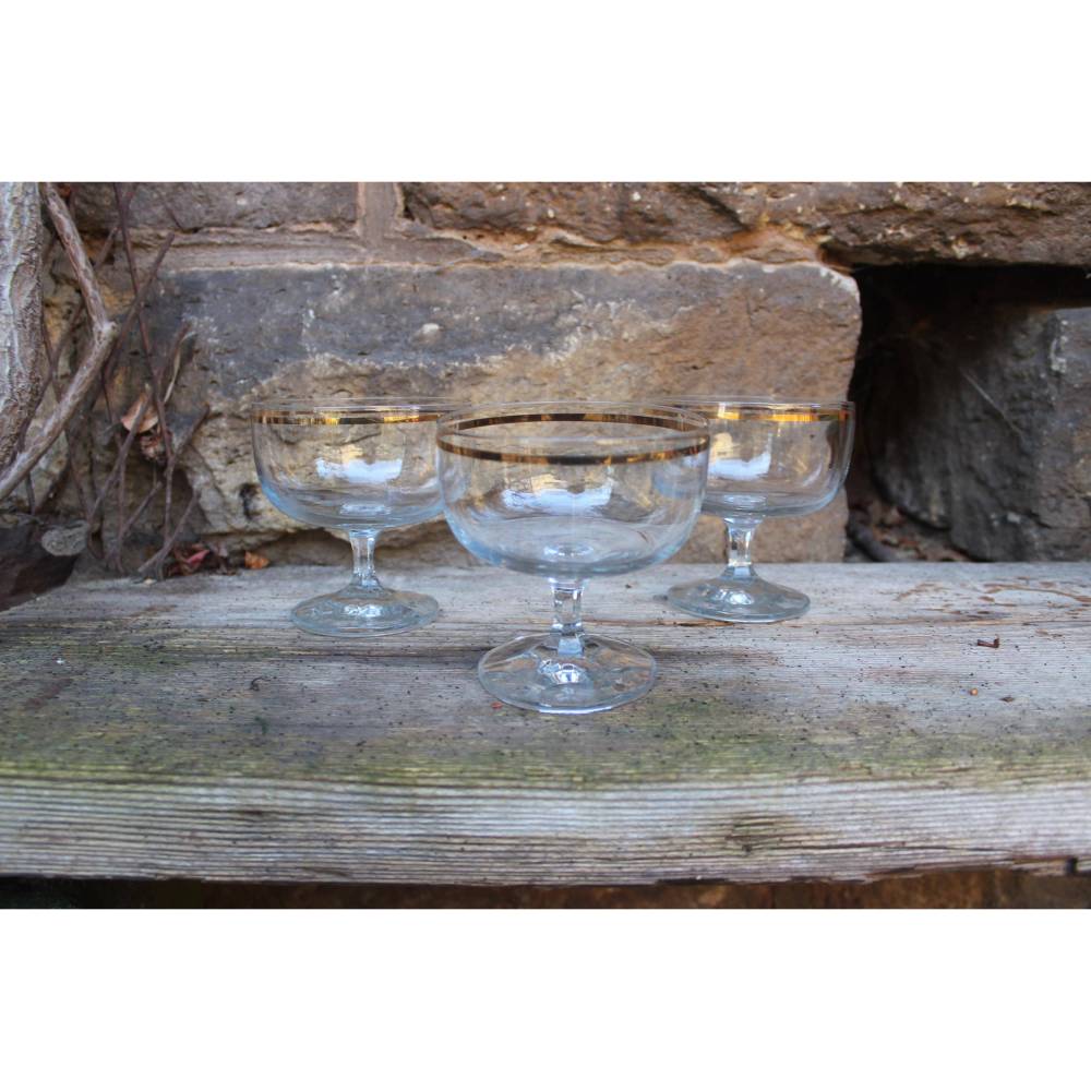 3er Set Sektschalen mit Goldrand Dessertschalen Kristallglas 70er Jahre DDR