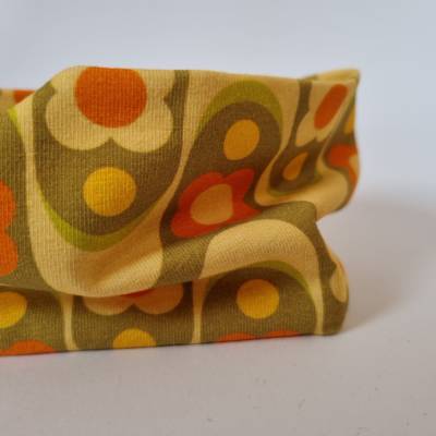 Breites Stirnband / Yogastirnband / Damenstirnband - RETRO-BLUMEN in grün-beige-orange-gelb, von he-ART by helen hesse