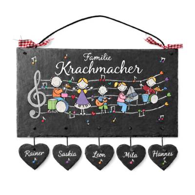 wetterfestes Türschild aus Schiefer für die musikalische Familie - Haustürschild mit Musikanten und Name personalisiert, hochwertige Handarbeit in exklusivem Design, einzigartiges Familiengeschenk