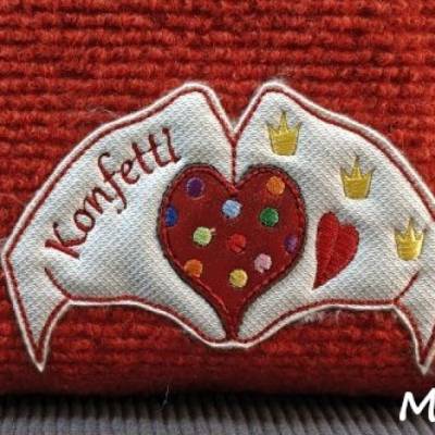 Hände, Herz, Konfetti, ITH Stickdatei 10 x 6,5 cm, für Karneval, Fasching, Fasnet, Köln