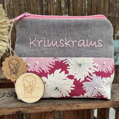 Schminktasche Krimskrams rosa geblümt – Kosmetiktasche Geschenkidee bestickt
