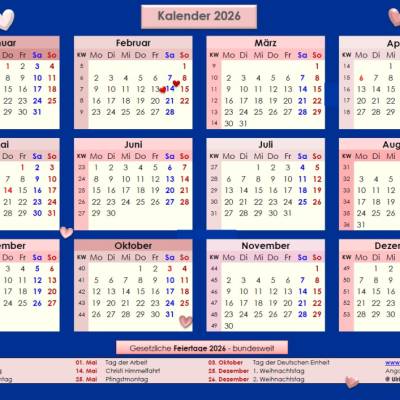 Jahreskalender 2026 auf einen Blick - Rosé auf Königsblau  PDF – DIN A4 zum Ausdrucken