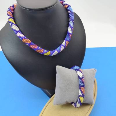 Schmuckset Rauten, blau bunt, Halskette+Armband gehäkelt aus Glasperlen, Rocailles