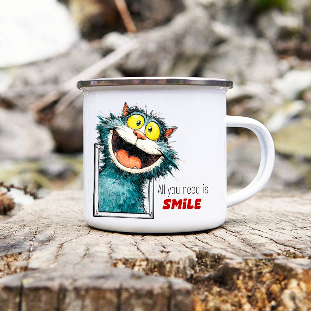 Emaille Tasse 'Smile' mit witzigem Motiv