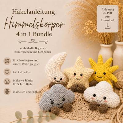 Häkelanleitung Amigurumi Sonne, Mond, Stern und Wolke 4 in 1 Kuscheltier PDF Anleitung deutsch