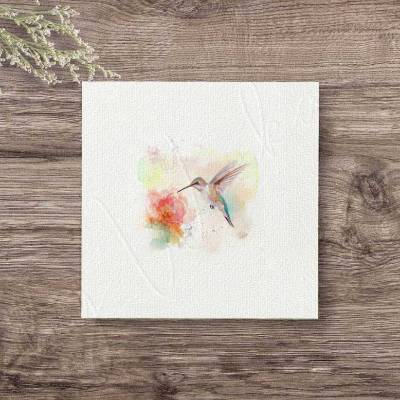 KOLIBRI MIT BLUME Mini Aquarell, Wandbild Kunstdruck auf Büttenpapier, Geschenk Flügeltiere Miniatur im Landhausstil