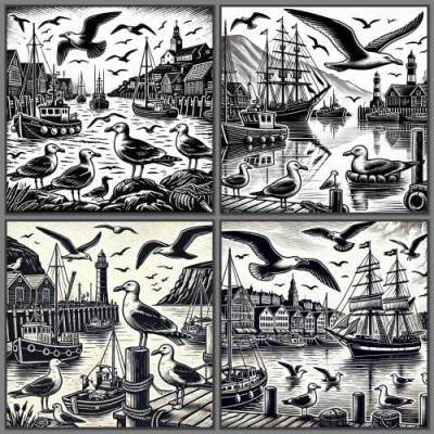 Bilddateien für Lasergravur „Möwen“ 4 Stück  Schiefergravur Download Hafen Strand Maritim Slate Laserdatei