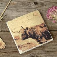Untersetzer aus Travertin – Highland Cow Isle of Skye – Vintage Naturmotiv