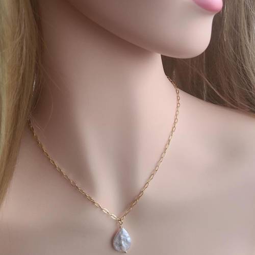 750 Gold Filled Halskette mit Süßwasserperle Anhänger, Halskette Vergoldet, Zarte Goldkette