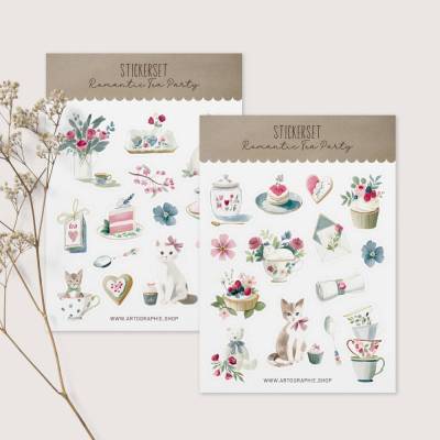 Stickerbogen Set *Romantic Tea Party* / 28 Journal Sticker, Planer Sticker, Dekoaufkleber für Valentinstag u. Geburtstag