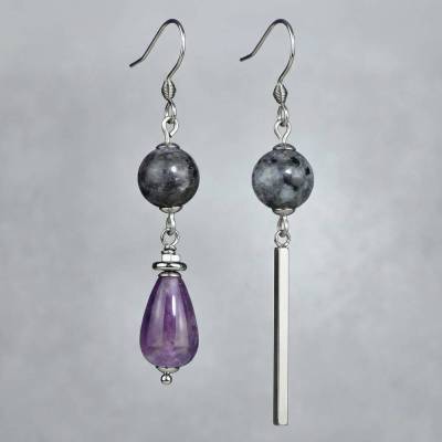Asymmetrische Edelstein Ohrringe – Handgemacht mit Labradorit & Amethyst – Statement Schmuck aus Edelstahl