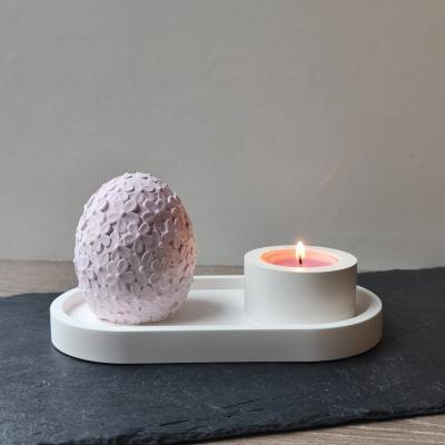 Oster-Deko Set Puderrosa/Weiß – Handgefertigtes Tablett, Blumenei & Teelichthalter