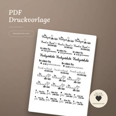 Kerzentattoo Hochzeit - Hochzeitslicht - Wasserschiebefolie - Ja-Wort - PDF Vorlage zum Download und Selbstausdrucken