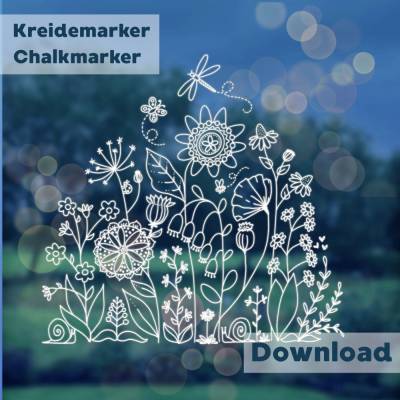 Fensterbild Vorlage für Kreidemarker, Blumenwiese mit Libelle, skalierbar, Pdf-Printable