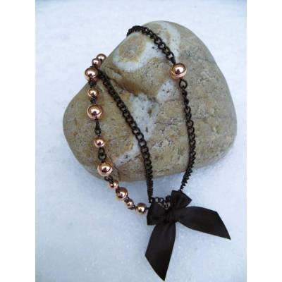 Schwarze Gliederkette Perlenkette Roségold und Schleife