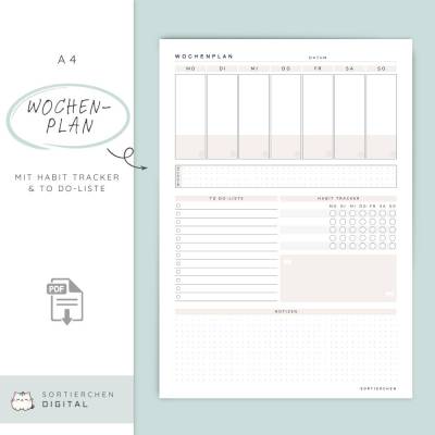 Wochenplaner mit Habit Tracker | A4 PDF Printable | horizontal & vertikal