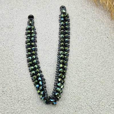 Armband moosgrüne Glasschliffrondelle graue Samenperlen | Magnetverschluss | 18,5cm