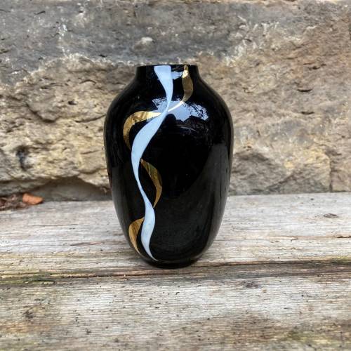 mini Vase Hyalithglas Schwarzglas Handbemalt 50er Jahre DDR