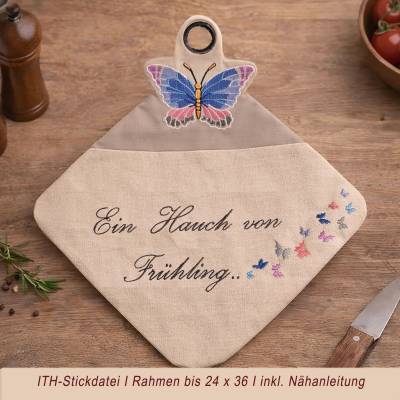 ITH Stickdatei Topflappen Schmetterling mit Eingriff – 24x36, 20x20, 13x18 – In the Hoop & Anleitung