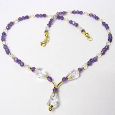 Amethyst-Bergkristall Collier – 925 Silber vergoldet, handgemachtes Unikat, 44 cm