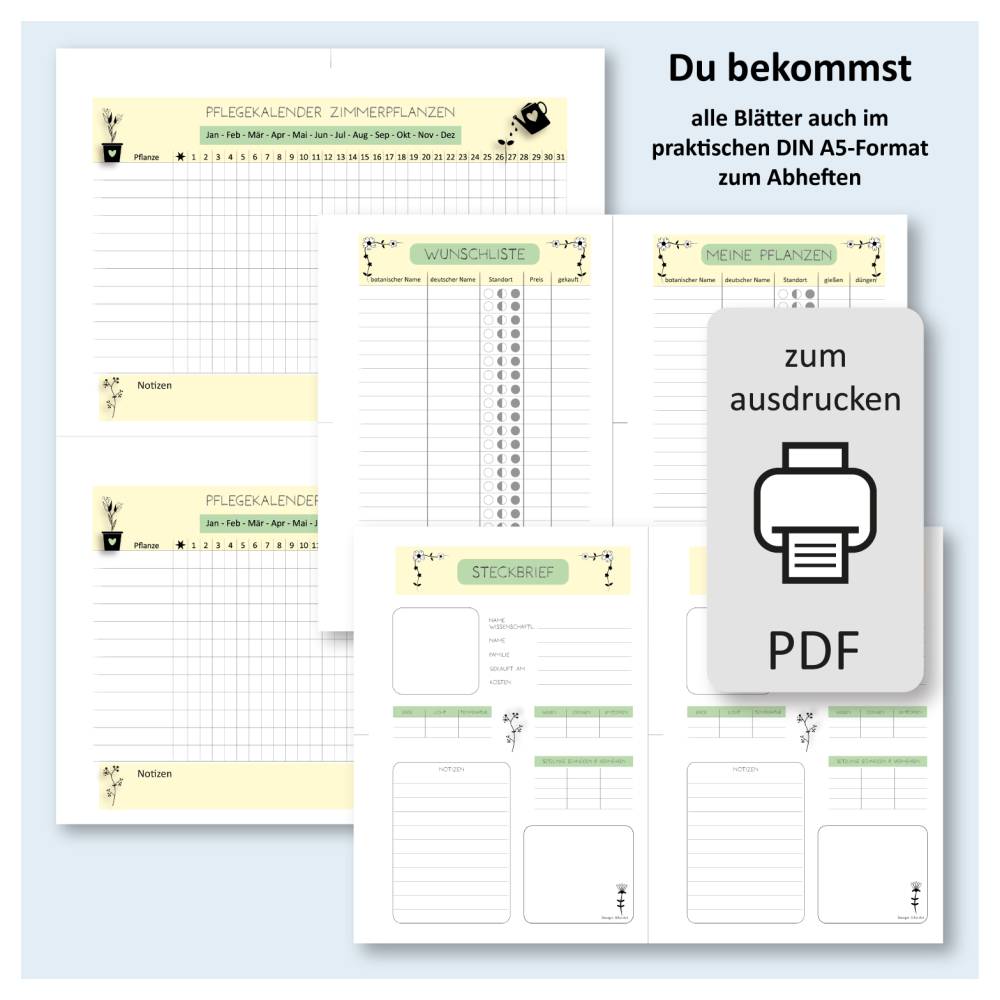 Zimmerpflanzen Pflegeplan - Pflanzensteckbrief - Planer Pflanzen - PDF DIN A4 + A5 - minimalistisch Bild 3