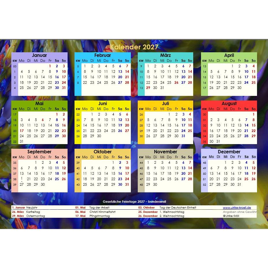 Ihr Jahreskalender 2027 auf einen Blick mit Blue Lights PDF – DIN A4 zum Ausdrucken Bild 1