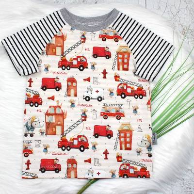 Feuerwehr kurzarm T-Shirt aus Biojersey, Raglanshirt, Fahrzeuge, Tiere, Kindershirt, nachhaltige Kindermode
