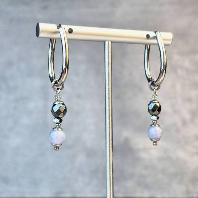 Ovale Creolen mit abnehmbarem Aquamarin Anhänger & Hämatit – Wandelbarer Edelsteinschmuck