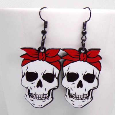 Rockabilly Totenkopf Skull Ohrhänger Frau mit Haarband – Acryl, Schwarz, 6 cm