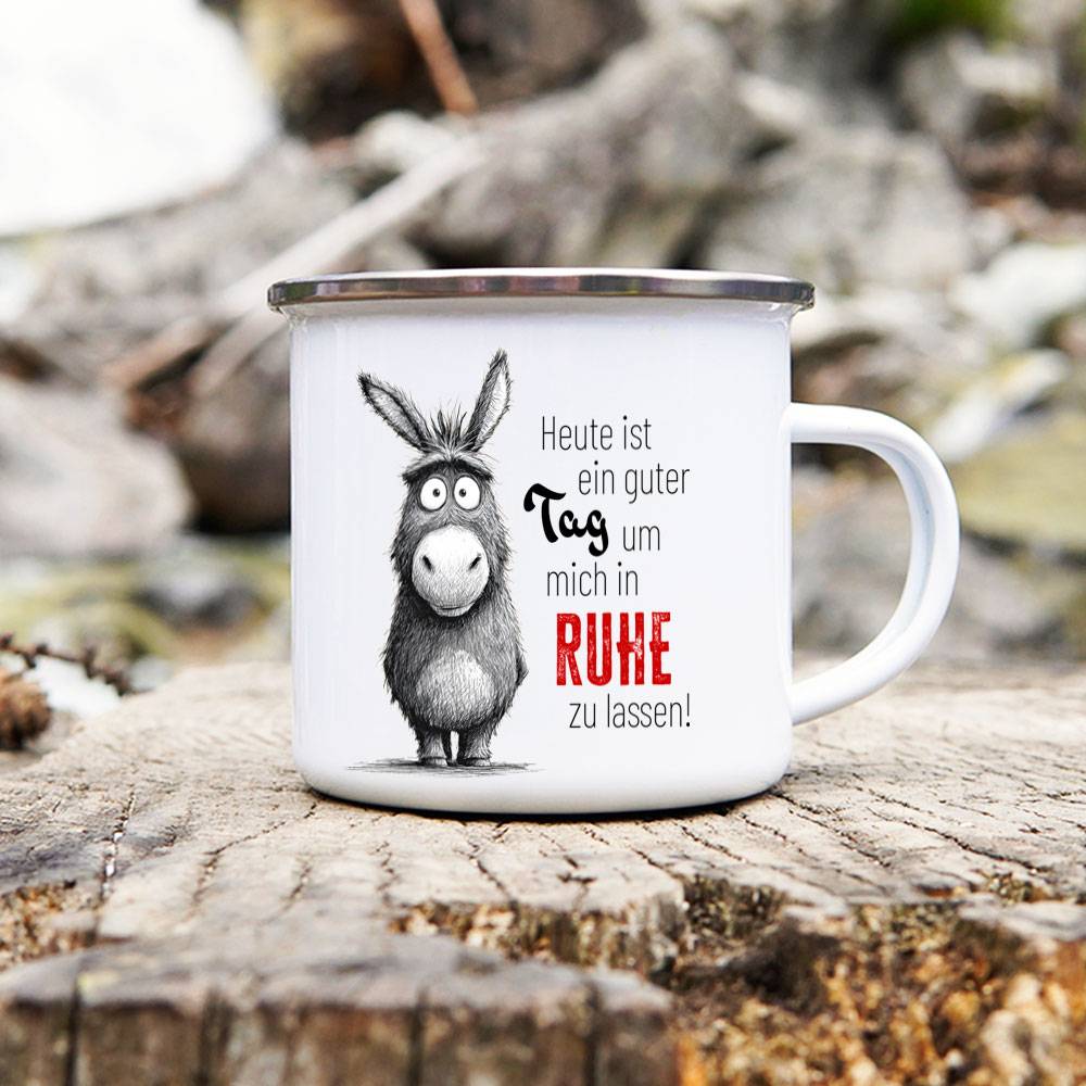 Emaille Tasse 'In Ruhe lassen' mit witzigem Motiv