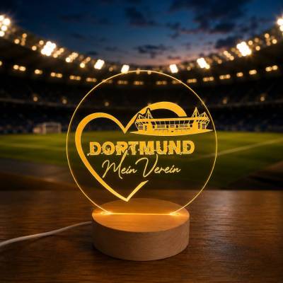 LED-Lampe | Fußballstadion Dortmund RUNDES GELBES Acrylglas mit runder Basis | opt. Namensgravur