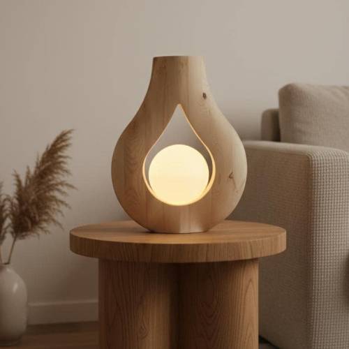 Handgefertigte Tischlampe aus Massivholz, Skulpturale Designer-Leuchte, Unikat Holzlampe Modern, Exklusives Geschenk, 37