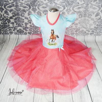 Tüll Drehkleid - Kleid mit Drehrock und Glitzer Tüll Hellblau Koralle Pferd Einschulung