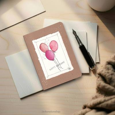 Grußkarte - HAPPY BIRTHDAY, handgemaltes Aquarellbild Ballons minimalistisch, mit Büttenrand auf Kraftpapier, Unikat