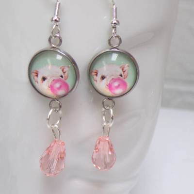 Schwein Kaugummi Cabochon Ohrhänger 15 mm Edelstahl 925 Stern – Leichte Glas Tropfen Ohrringe