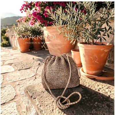Raffia, Tasche, beige, klein, Crossbody, Beuteltasche, gehäkelt, Pouch, Umhängetasche