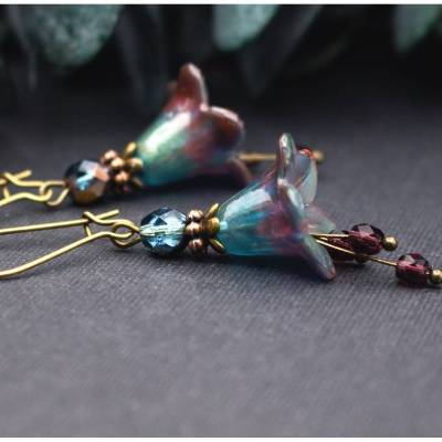 Blütenohrringe Dunkelrot Petrolblau Farbverlauf