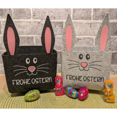 Hasenkörbchen „Frohe Ostern“ aus Filz – Osterkorb mit Ohren und Puschel, Schwarz oder Hellgrau, 14x14x22cm