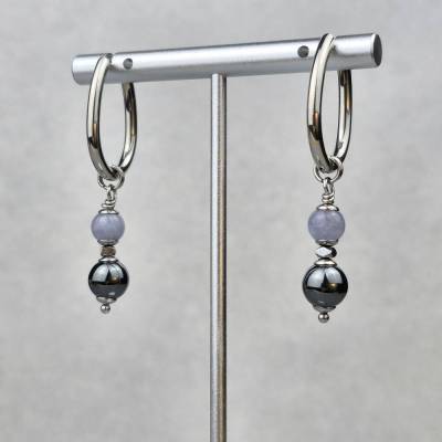 Ovale Creolen mit abnehmbarem Aquamarin Anhänger & Hämatit – Wandelbarer Edelsteinschmuck