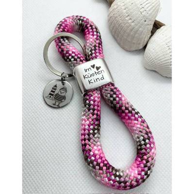 Schlüsselanhänger aus Segelseil/Segeltau, Zwischenstück: "Im Herzen Küstenkind", rosa/pink/braun/weiß/beige
